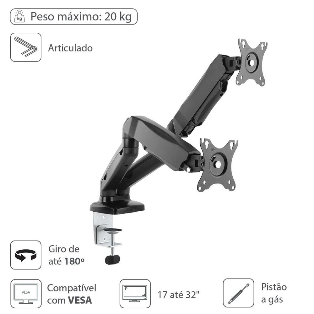 Suporte Articulado Para 2 Monitores De 17 A 32" C/ Pistão A Gás - Sm-341b
