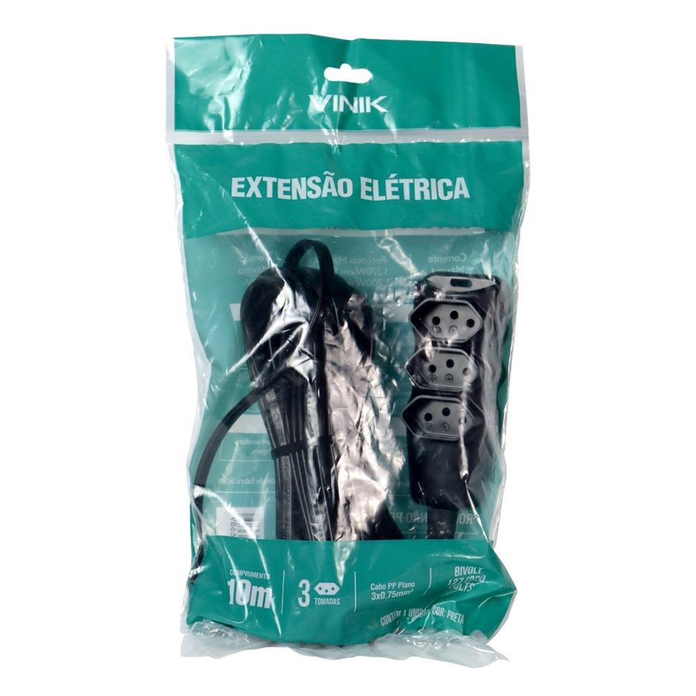 Extensão Elétrica 3 Tomadas Pp Plano 3x0,75 10m Preta