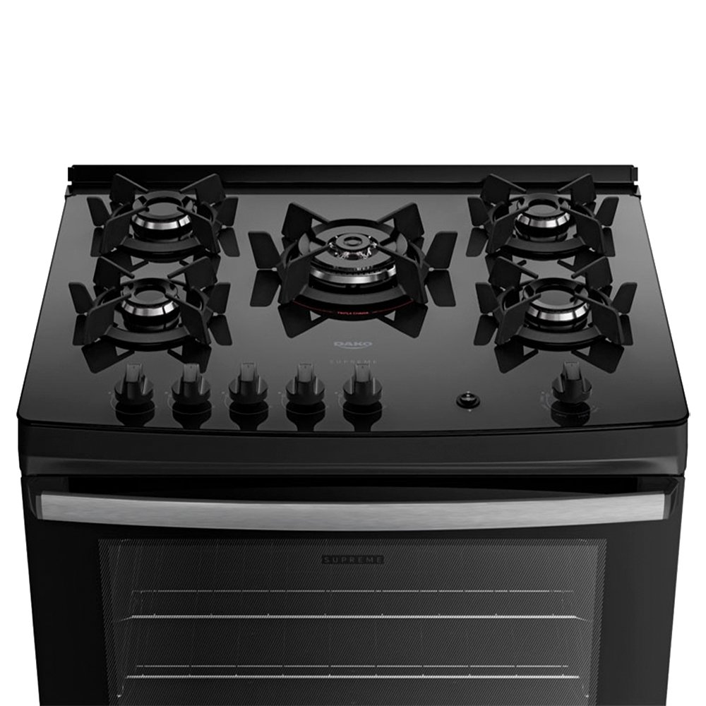 Fogão de Piso 5 Bocas Dako Supreme Glass - Acendimento Automático, Mesa de Vidro, Preto, Bivolt