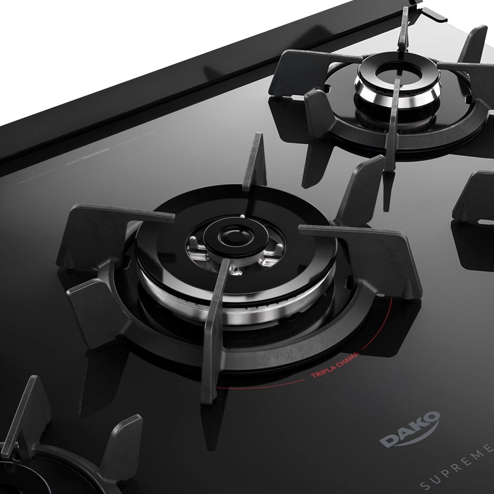 Fogão de Piso 5 Bocas Dako Supreme Glass - Acendimento Automático, Mesa de Vidro, Preto, Bivolt