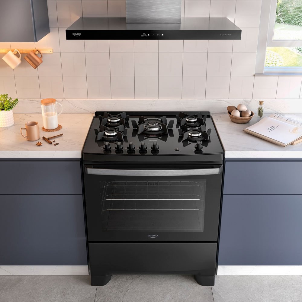 Fogão de Piso 5 Bocas Dako Supreme Glass - Acendimento Automático, Mesa de Vidro, Preto, Bivolt