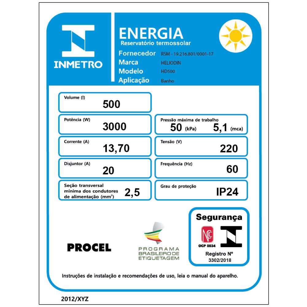 Reservatório solar Prime - HD500 - 500 litros - 5 mca - AISI304 - Apoio elétrico de 3000W 220V