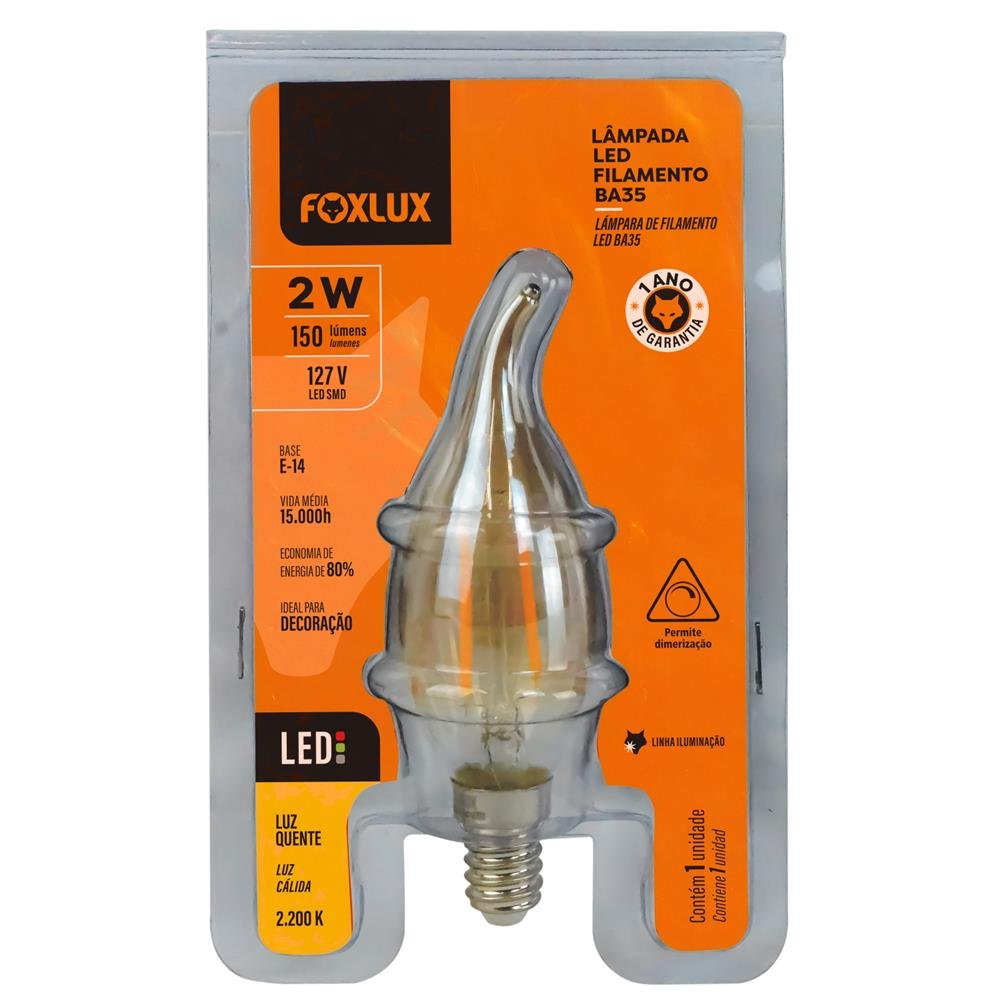 Lâmpada de Filamento BA35 Vela Chama E14B 2W 127V Foxlux