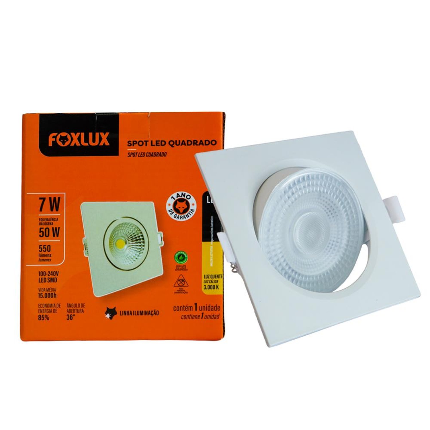 Spot LED Quadrado 3000K 7W Bivolt Foxlux