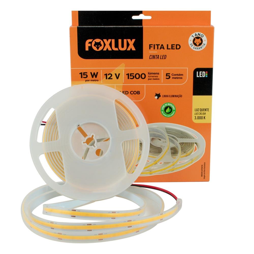 Fita de LED COB 5 metros 15W 3000K IP65 Foxlux