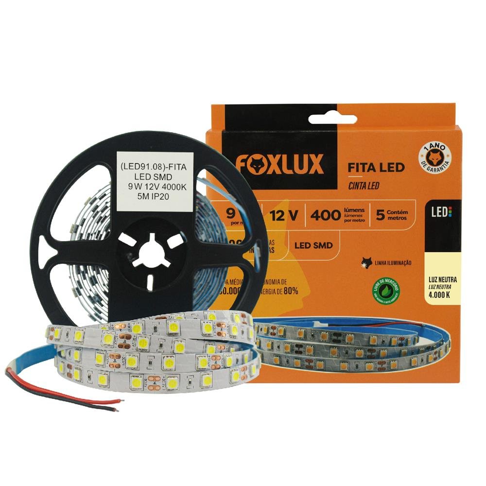 Fita de LED SMD 5 Metros 9W 12V 4000K IP20 Foxlux