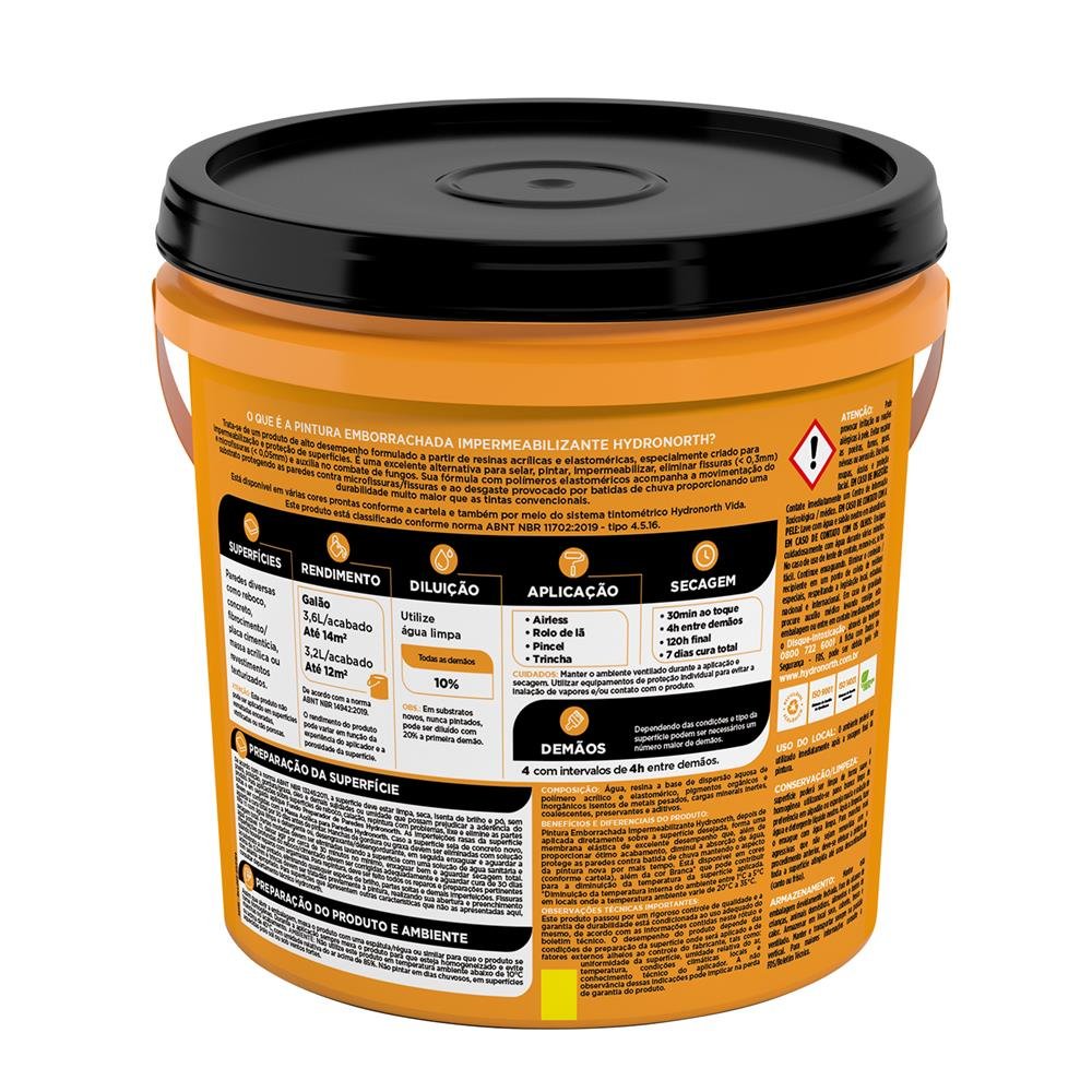 Tinta Impermeabilizante Pintura Emborrachada Fosco Hydronorth Preto Galao Plastico 3,6 L