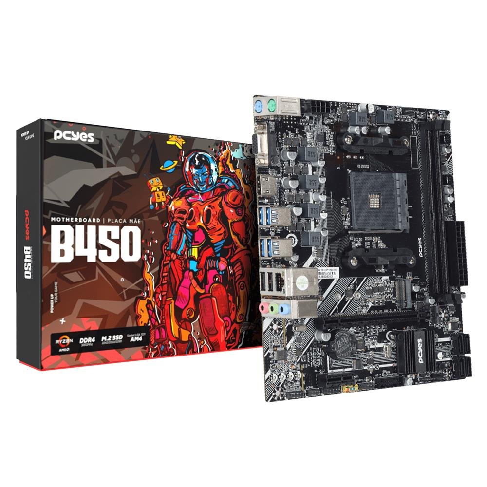 Placa Mae Am4 Pcyes B450, Ddr4 Até 64Gb, 1X M.2 Nvme Pcie, Rede Gigabit 1000Mbps