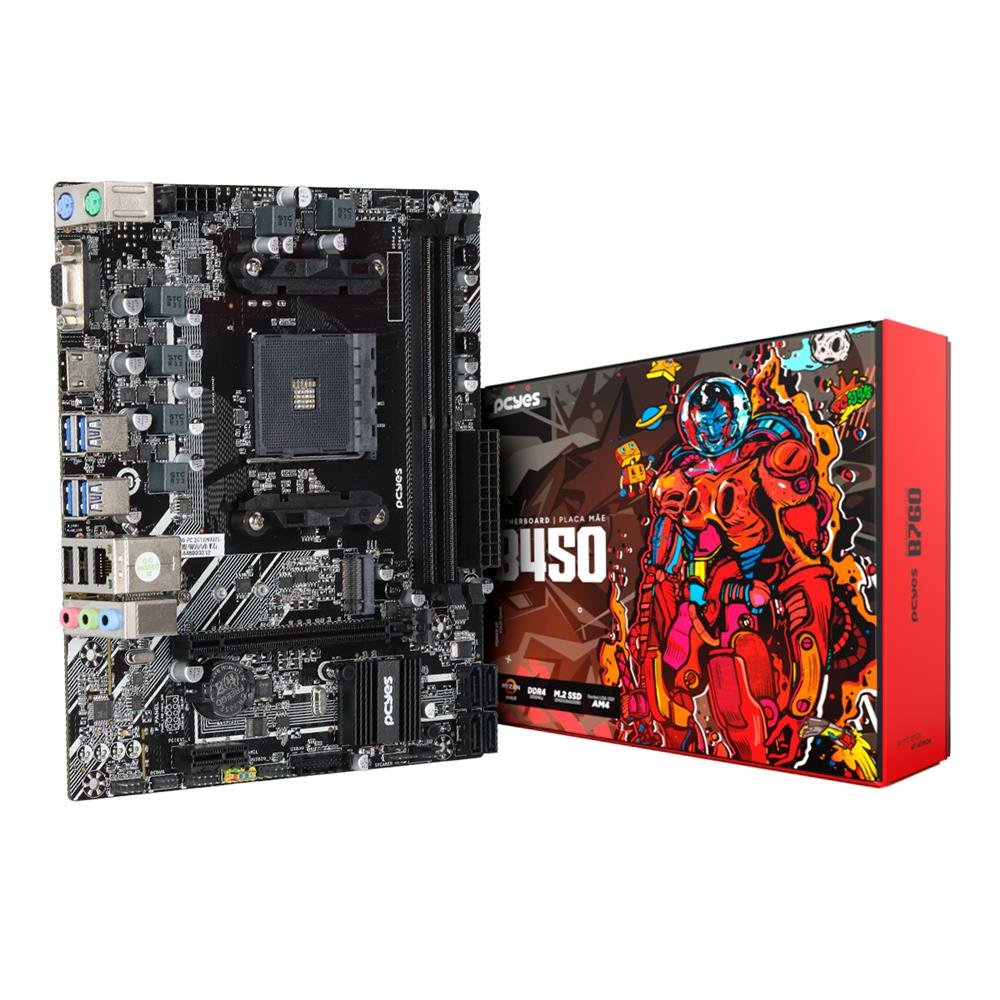 Placa Mãe Pcyes B450, Amd Am4, 2x Ddr4 (max 64gb), M.2 Nvme, 4x Usb 3.0, Rede 1000, Hdmi, Vga, M-atx - Pcyb450-rz564