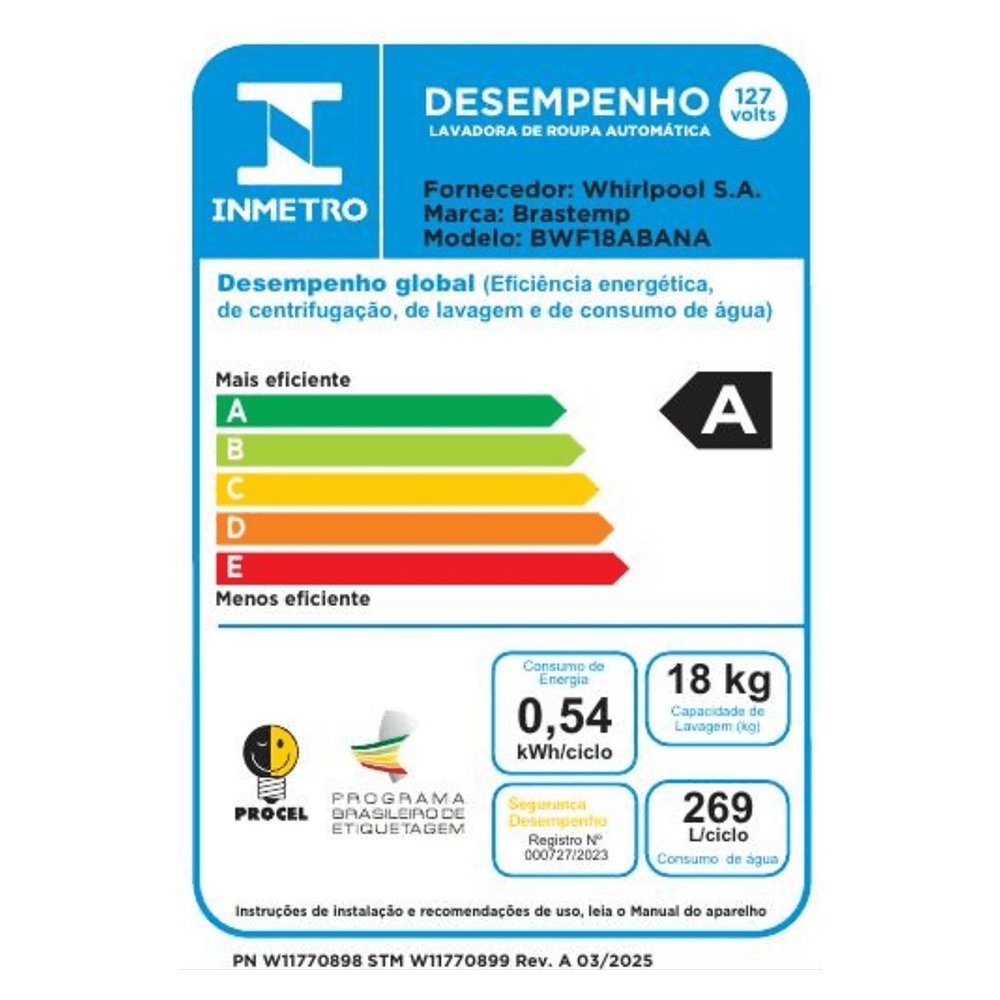 Máquina de Lavar Roupas 18Kg Brastemp BWF18ABANA - Automática, Branca, 110V