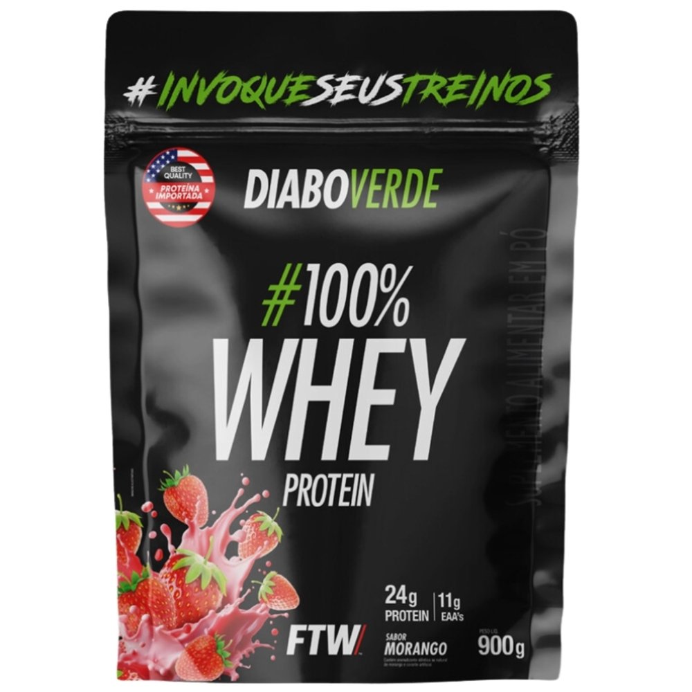 Whey 100% Protein Concentrado 900g Sabor Morango Refil Diabo Verde Ftw