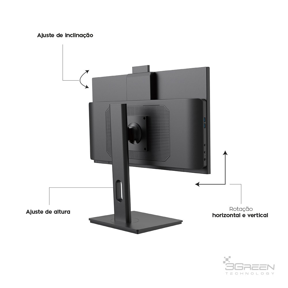 Computador All In One 24", Intel Core I7, 8Gb, Ssd 512Gb, Webcam, Wifi, Bluetooth, Windows 10, Preto - 3Green Unique AI3G-032