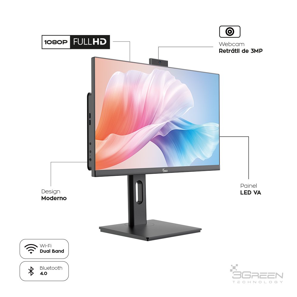Computador All In One 24", Intel Core I7, 8Gb, Ssd 512Gb, Webcam, Wifi, Bluetooth, Windows 10, Preto - 3Green Unique AI3G-032