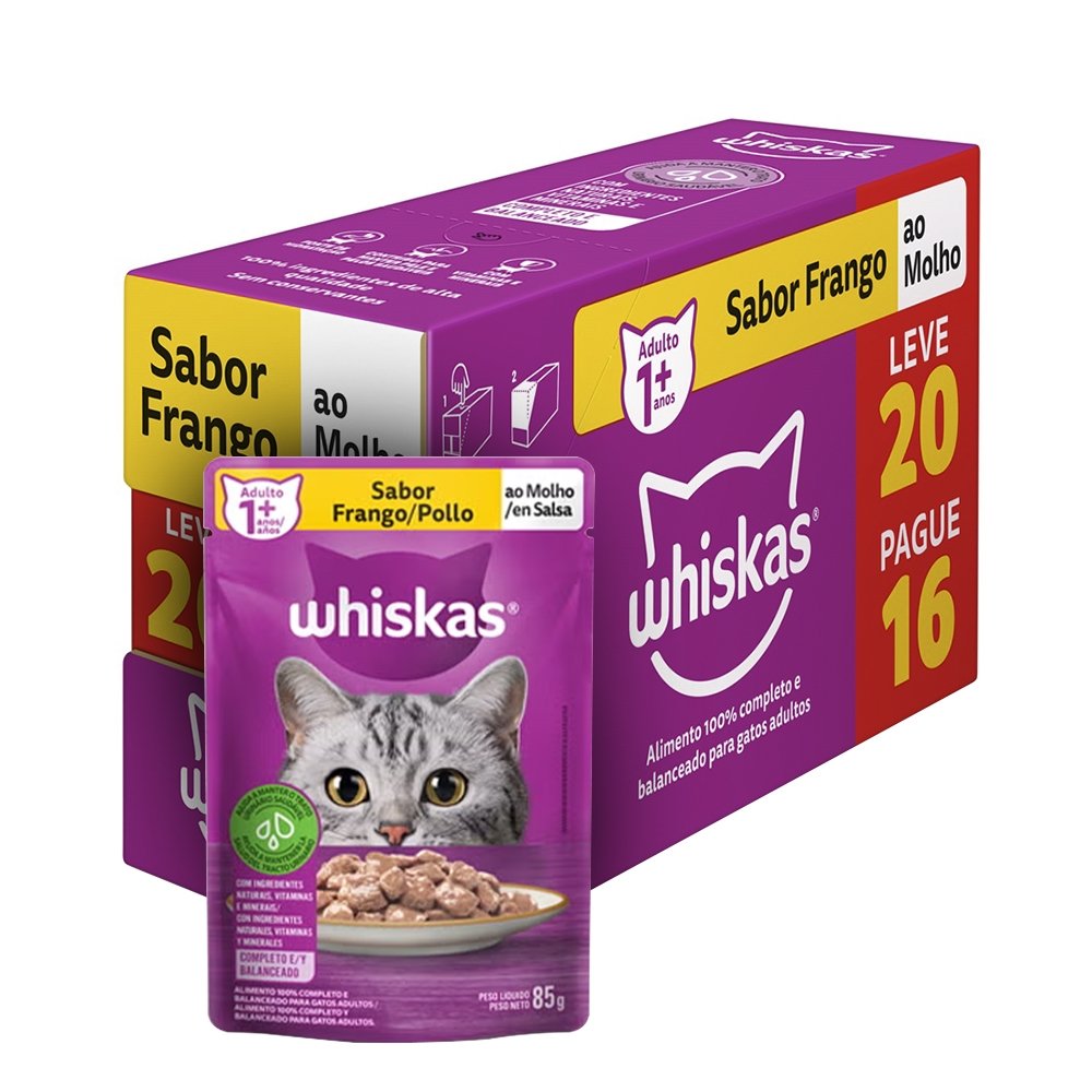 Ração Whiskas Sachê Frango ao Molho 85g - Leve 20 Pague 16 - Embalagem com 20 unidades