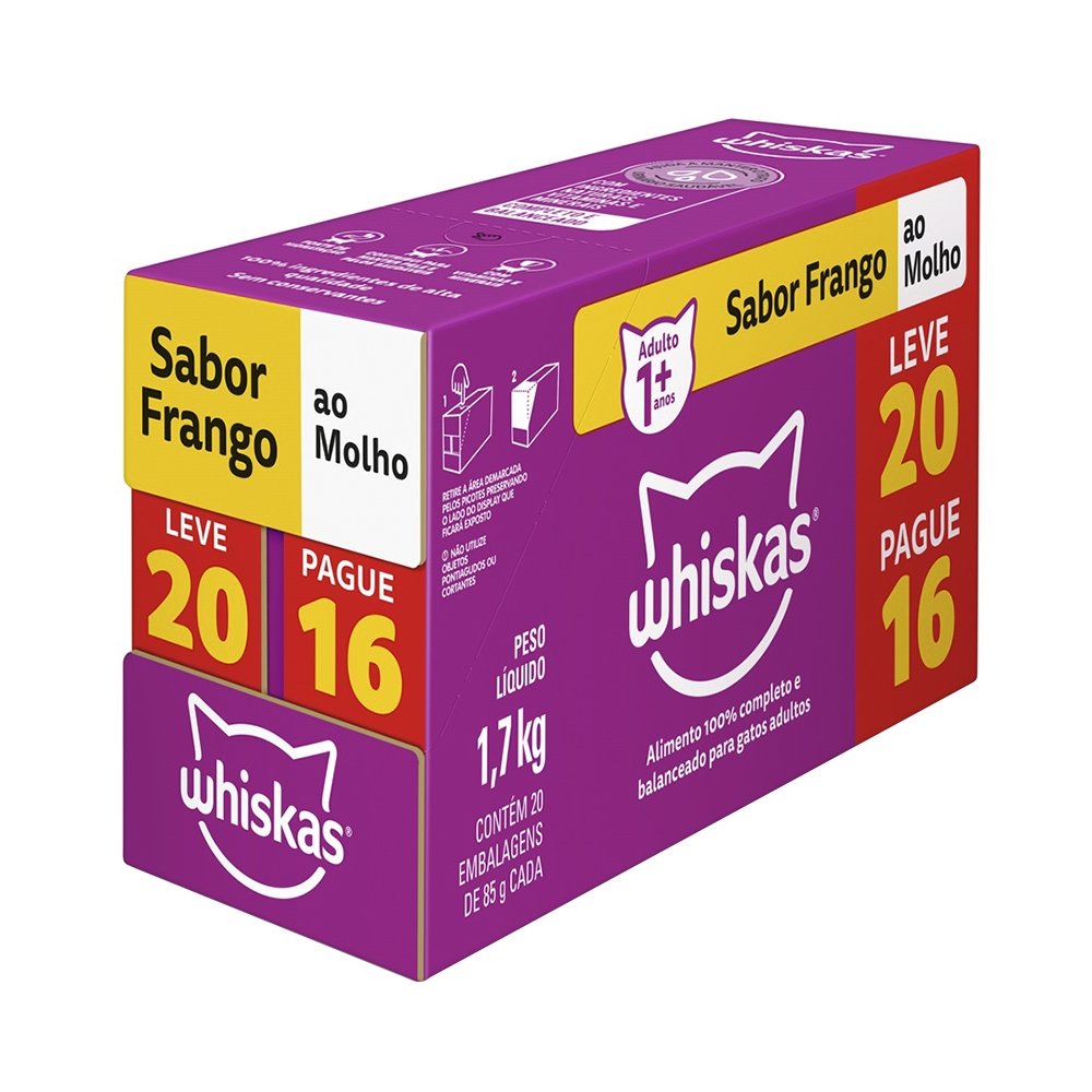 Ração Whiskas Sachê Frango ao Molho 85g - Leve 20 Pague 16 - Embalagem com 20 unidades