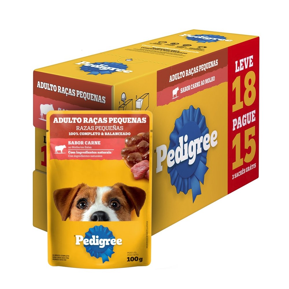 Ração Pedigree Raças Pequenas Sachê Carne 100g - Leve 18 Pague 15 - Embalagem com 18 unidades