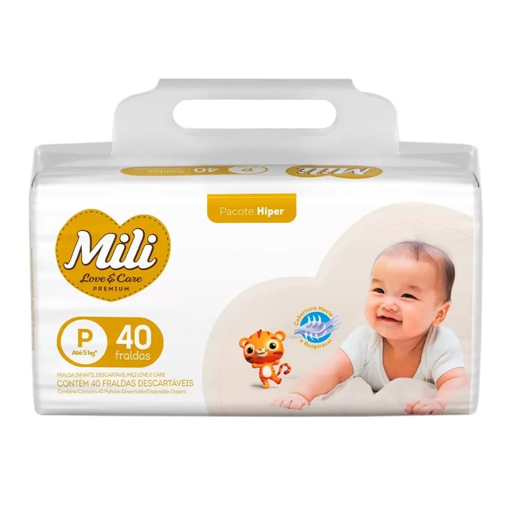 Fralda Descartável Mili Love & Care Hiper Tamanho P - 6 Pacotes com 40 Unidades - Total 240 Tiras