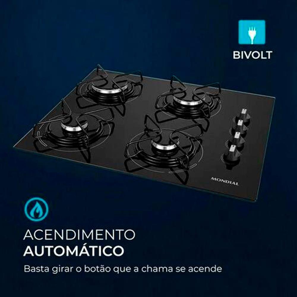 Fogão Cooktop 4 Bocas A Gás Mondial Ctg-01 Preto-Inox