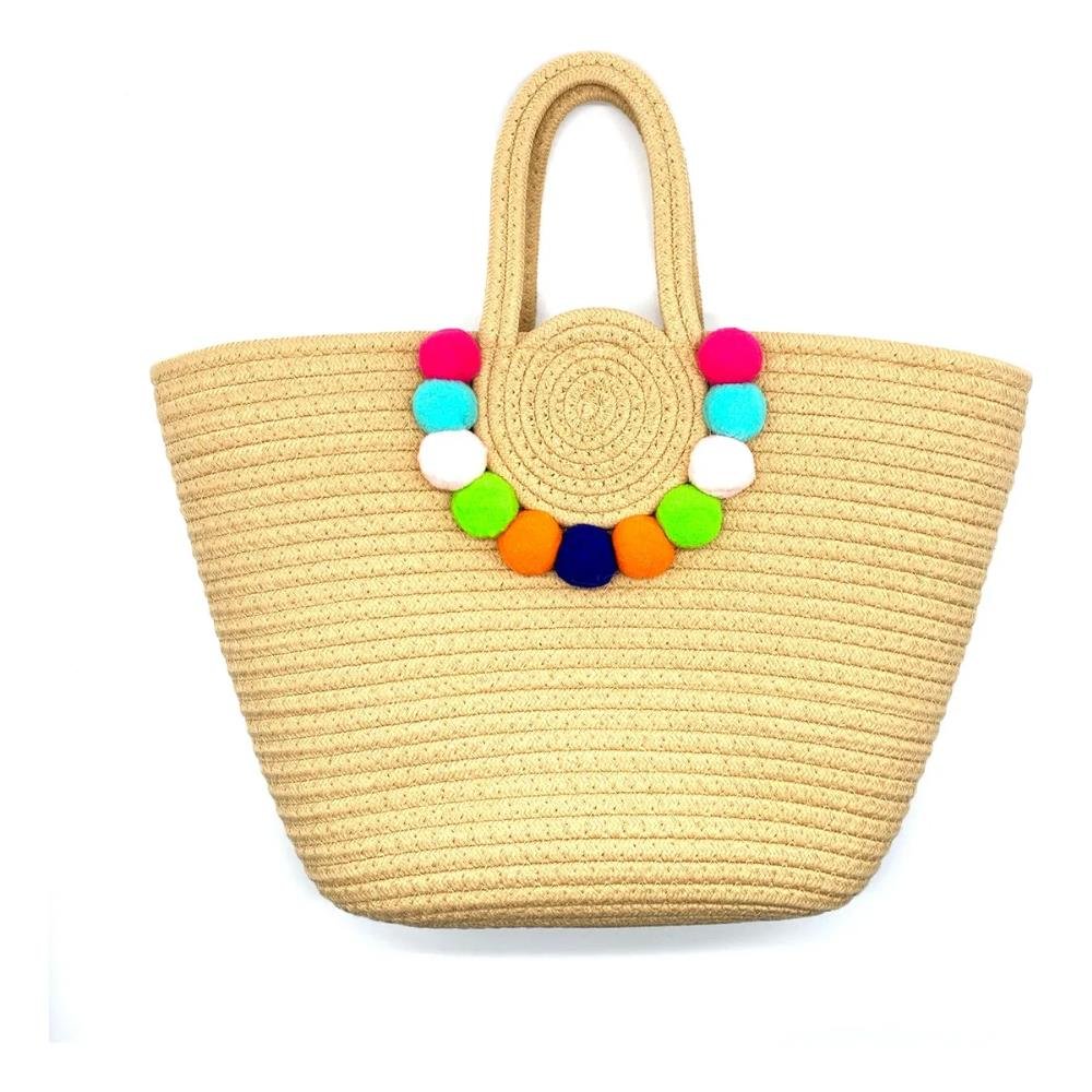 Bolsa De Praia Feminina Meia Lua C/ Pompom Luxo Alça De Mão Com Zíper Material De Palha Marrom Claro