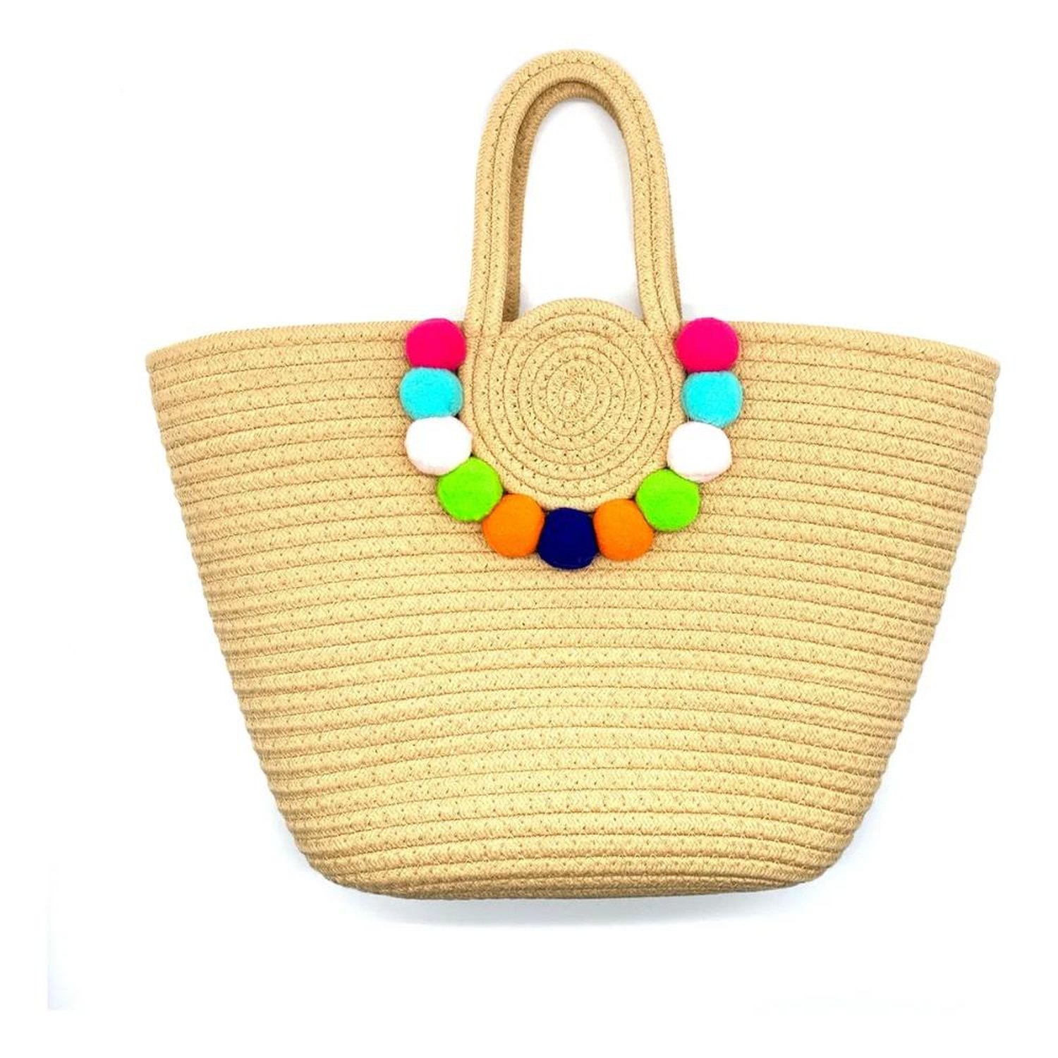 Bolsa De Praia Feminina Meia Lua C/ Pompom Luxo Alça De Mão Com Zíper Material De Palha Marrom Claro