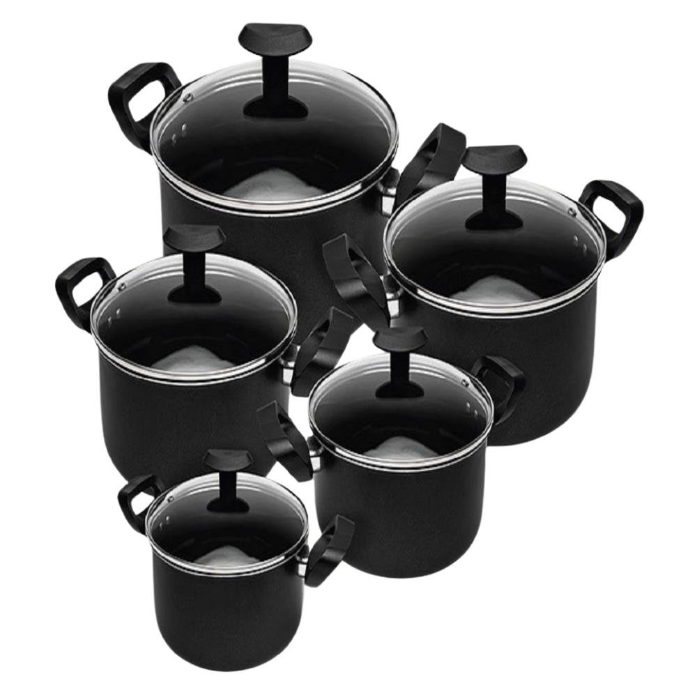 Conjunto 5 Caçarolas 16 A 24 Cm Antiaderente Preto Tampa De Vidro Triunfo