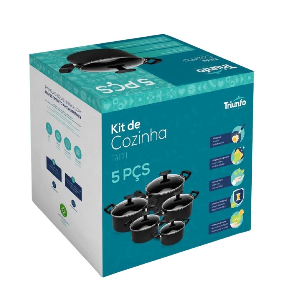 Conjunto 5 Caçarolas 16 A 24 Cm Antiaderente Preto Tampa De Vidro Triunfo