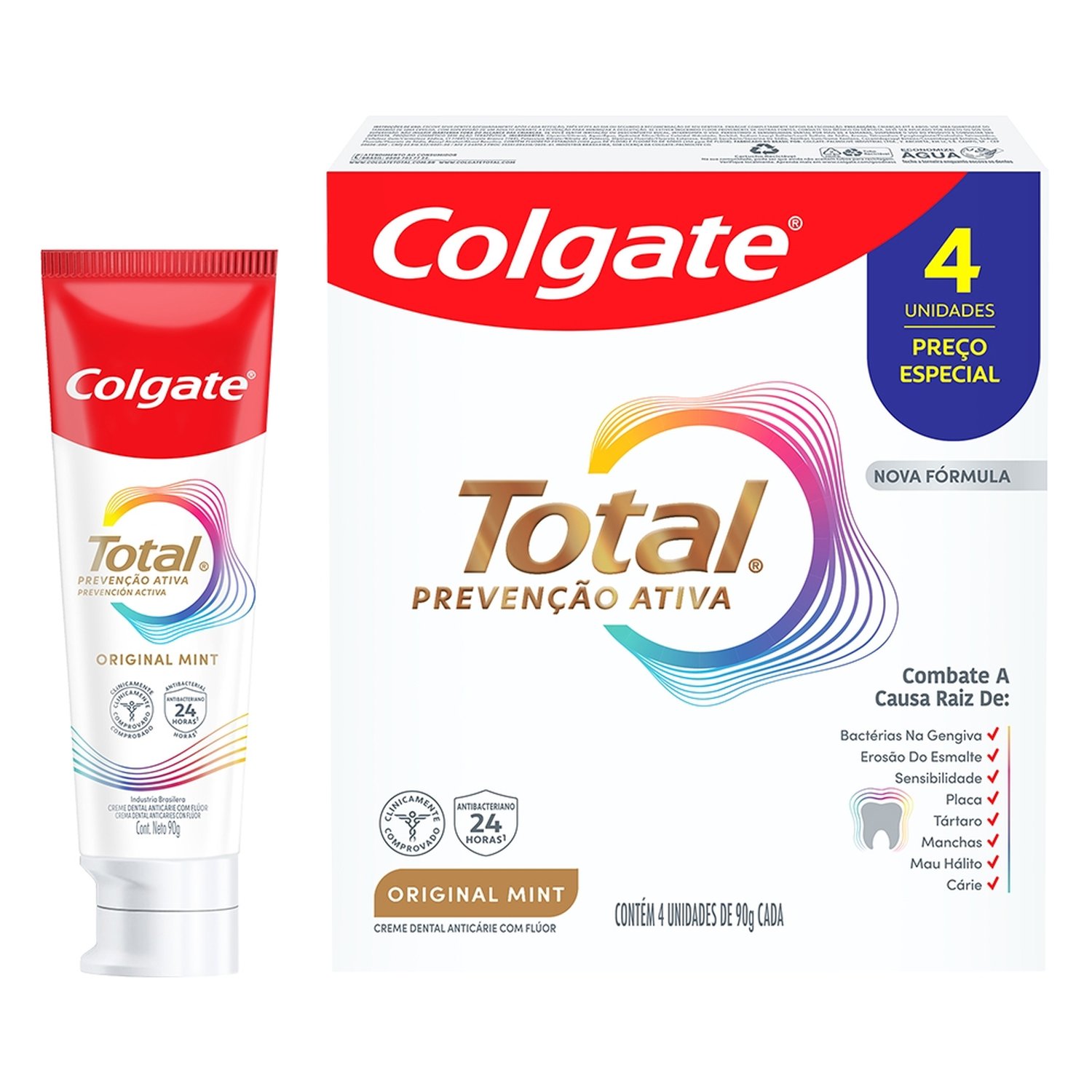 Creme Dental Colgate Original Mint Total Prevenção Ativa 90g - Embalagem com 4 Unidades