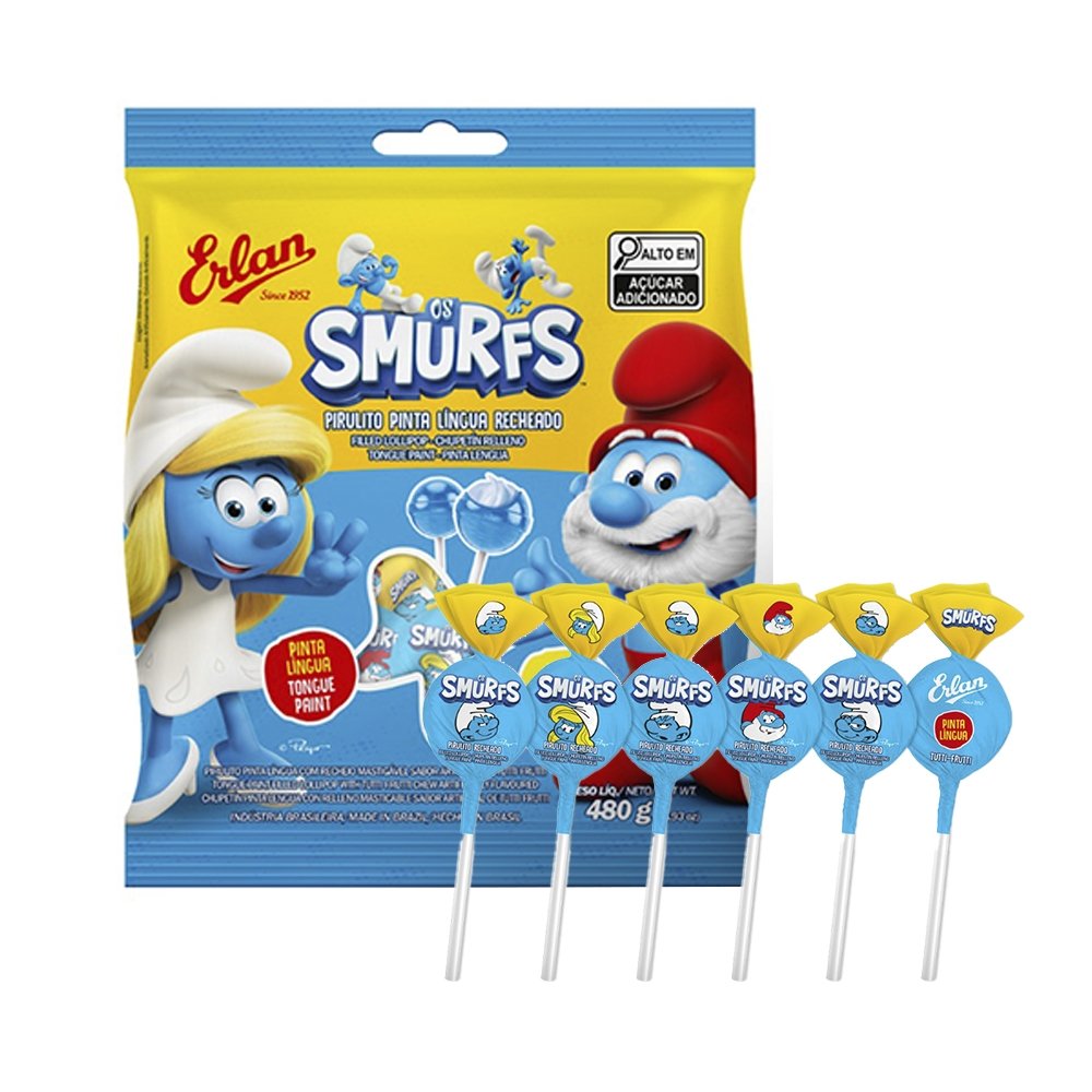 Pirulito Erlan Smurfs Tutti-Frutti Pinta Língua Recheado 480g