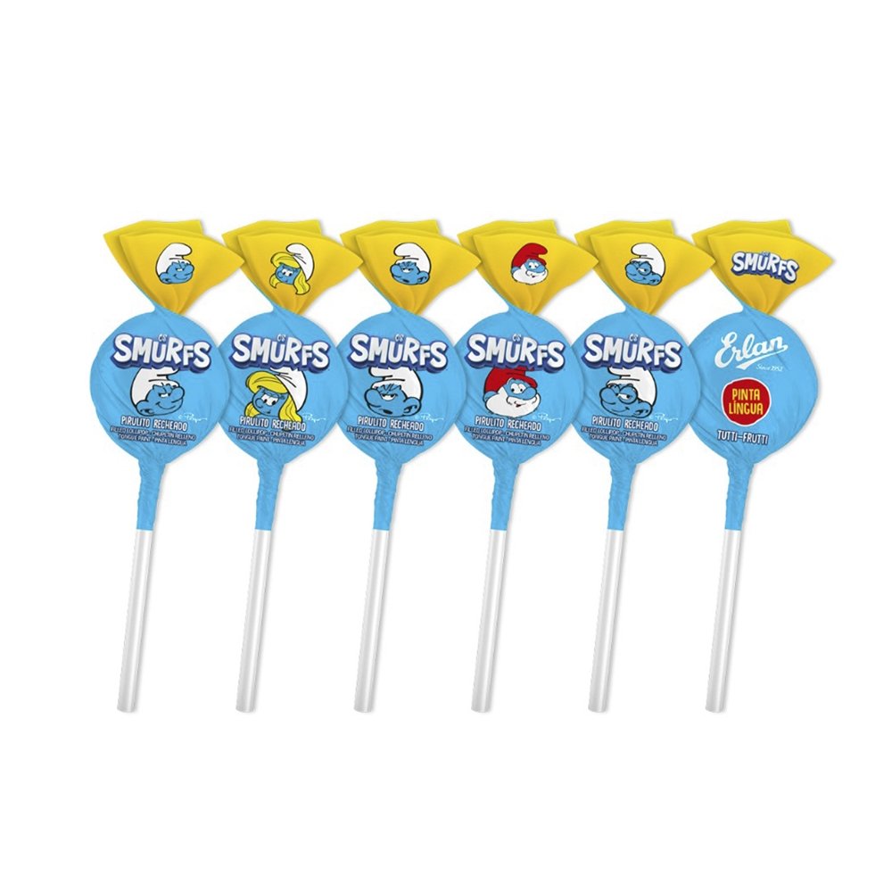 Pirulito Erlan Smurfs Tutti-Frutti Pinta Língua Recheado 480g