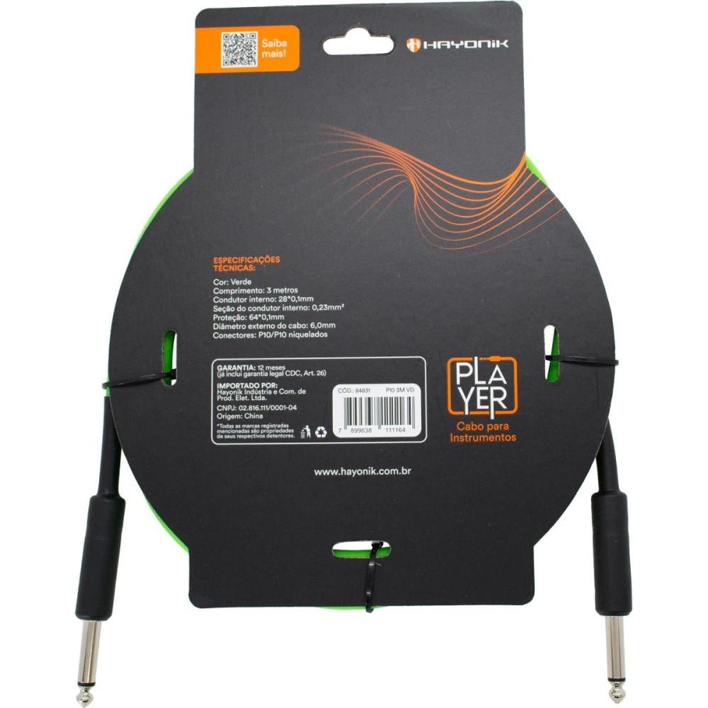 Cabo Para Instrumentos Player P10 X P10 3M Verde Hayonik