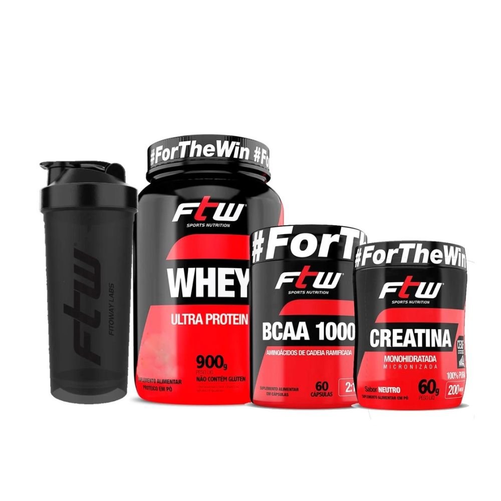 Kit Iniciante FTW - Whey Ultra Protein Chocolate 900g + Creatina 60g + Bcaa 60 Cápsulas + Coqueteleira