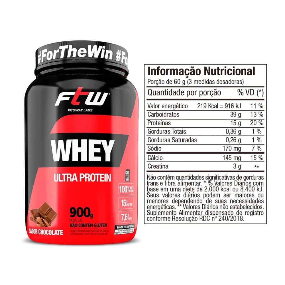 Kit Iniciante FTW - Whey Ultra Protein Chocolate 900g + Creatina 60g + Bcaa 60 Cápsulas + Coqueteleira