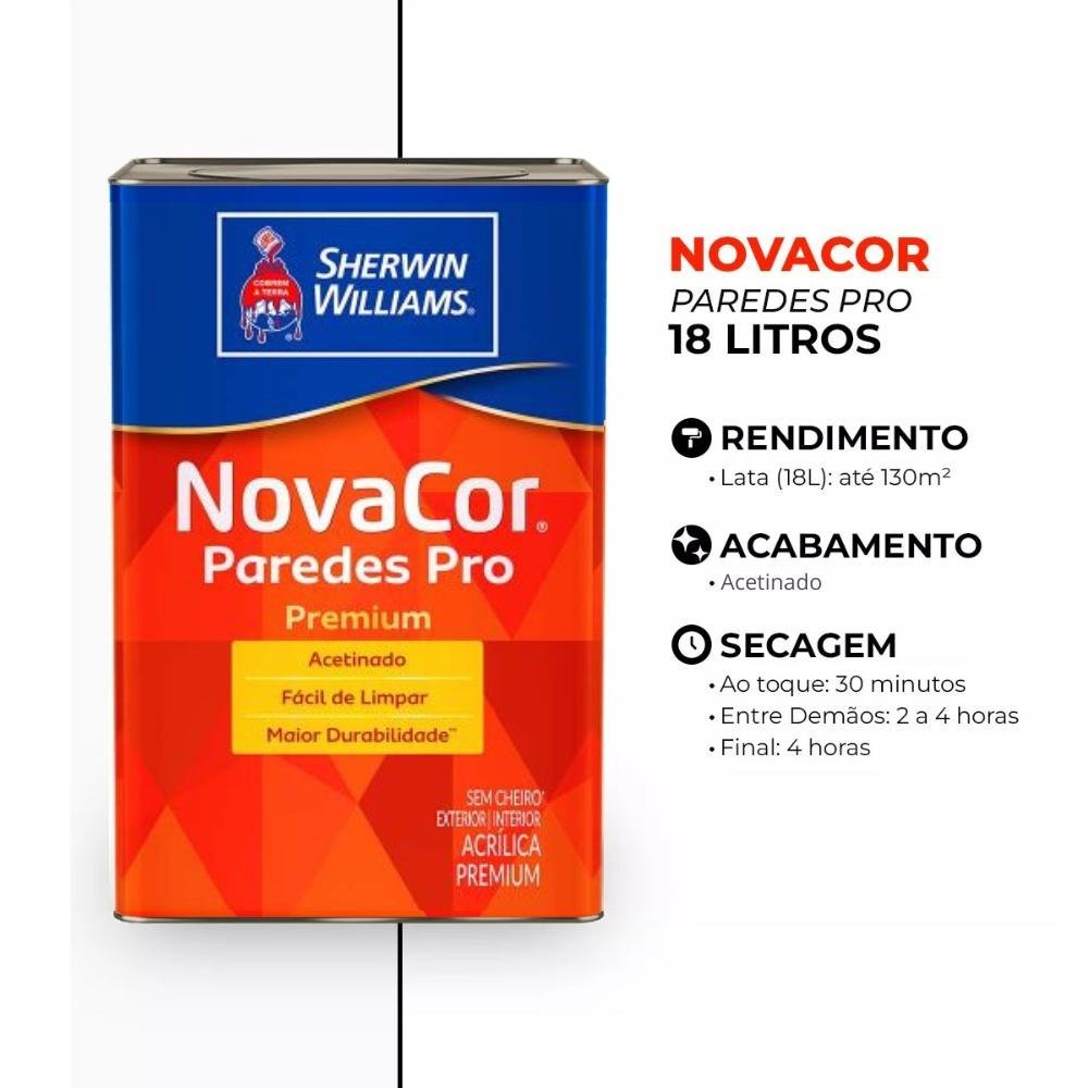 Tinta Acrílica Premium Acetinado Novacor Paredes Pro 18L 38600006 Branco Sherwin-Williams