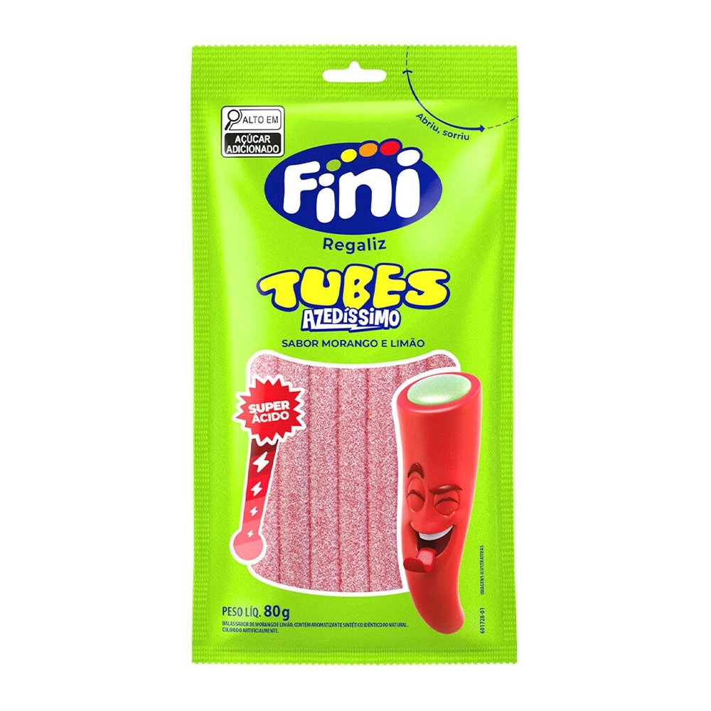 Bala Fini Regaliz Tubes Azedíssimo Sabor Morango e Limão 80g - Embalagem com 12 Unidades