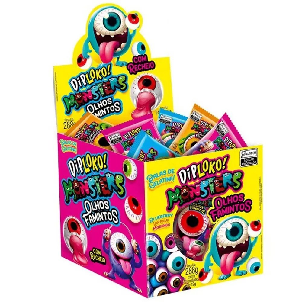 Bala De Gelatina Mastigavel Diploko Monsters Olhos Famintos Recheada Sortida 12Gr - Embalagem 24X12 Gr