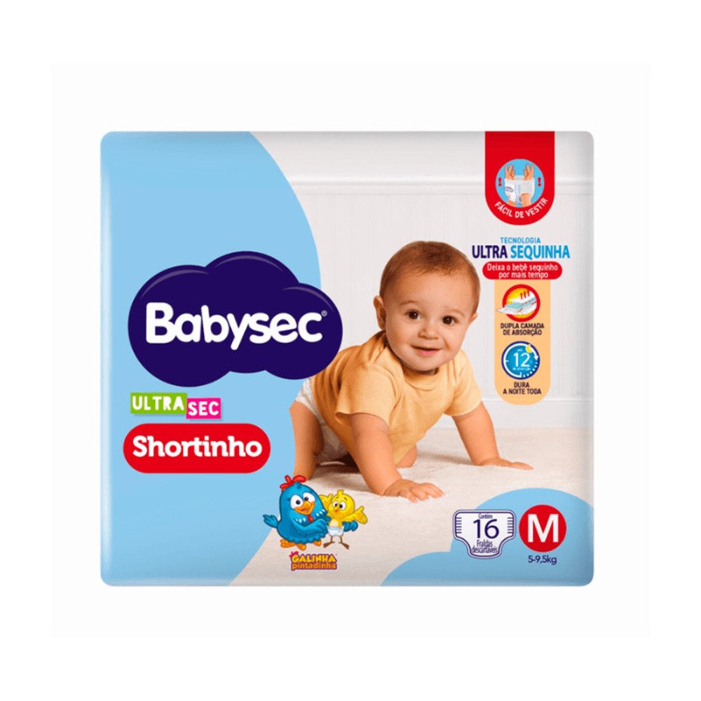 Fralda Descartável Babysec Ultrasec Shortinho Jumbinho Tamanho M - 8 Pacotes com 16 Fraldas - Total 128 Tiras