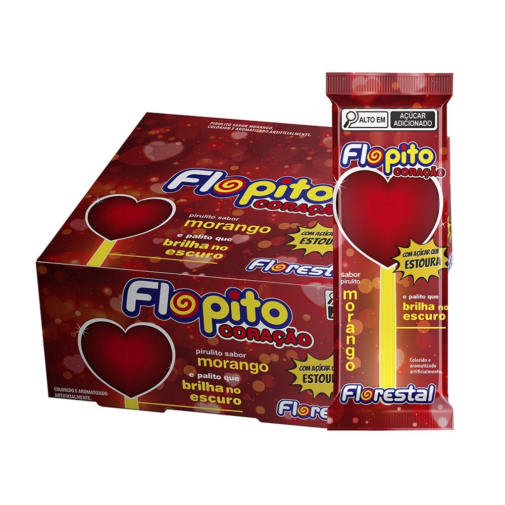 Pirulito Florestal Flopito Coração Explosivo Morango 10g - Embalagem com 30 Unidades