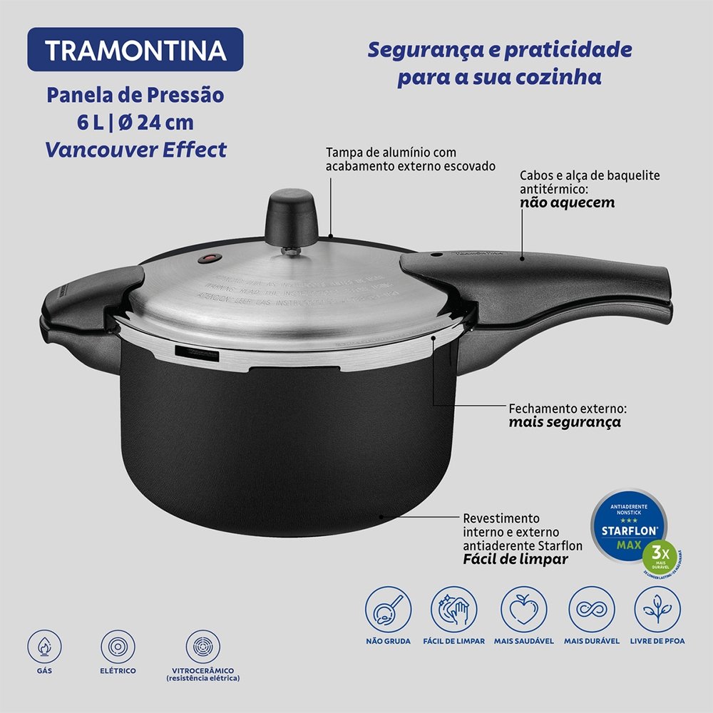 Panela de Pressão Tramontina Vancouver Effect 24cm 6,0 Litros Preta