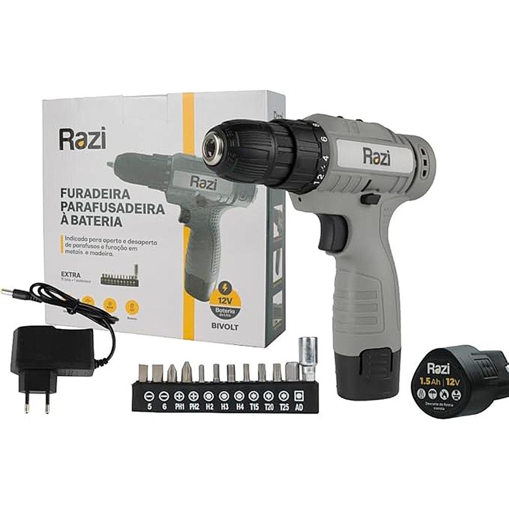 Parafusadeira E Furadeira Elétrica Razi Bivolt 12V Recarregável Cinza 30041 - Rz-Fpb12b/1