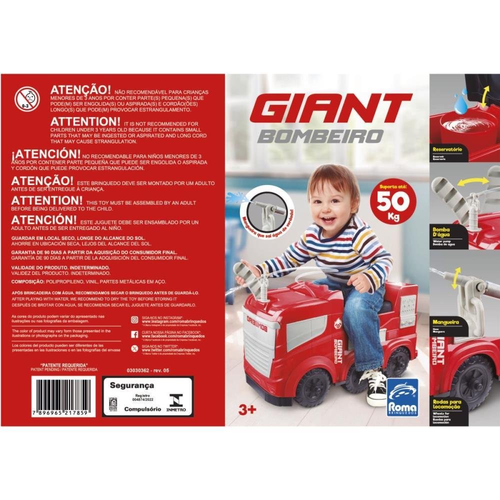 Caminhão Gigante Bombeiro Para Crianças Até 50Kg