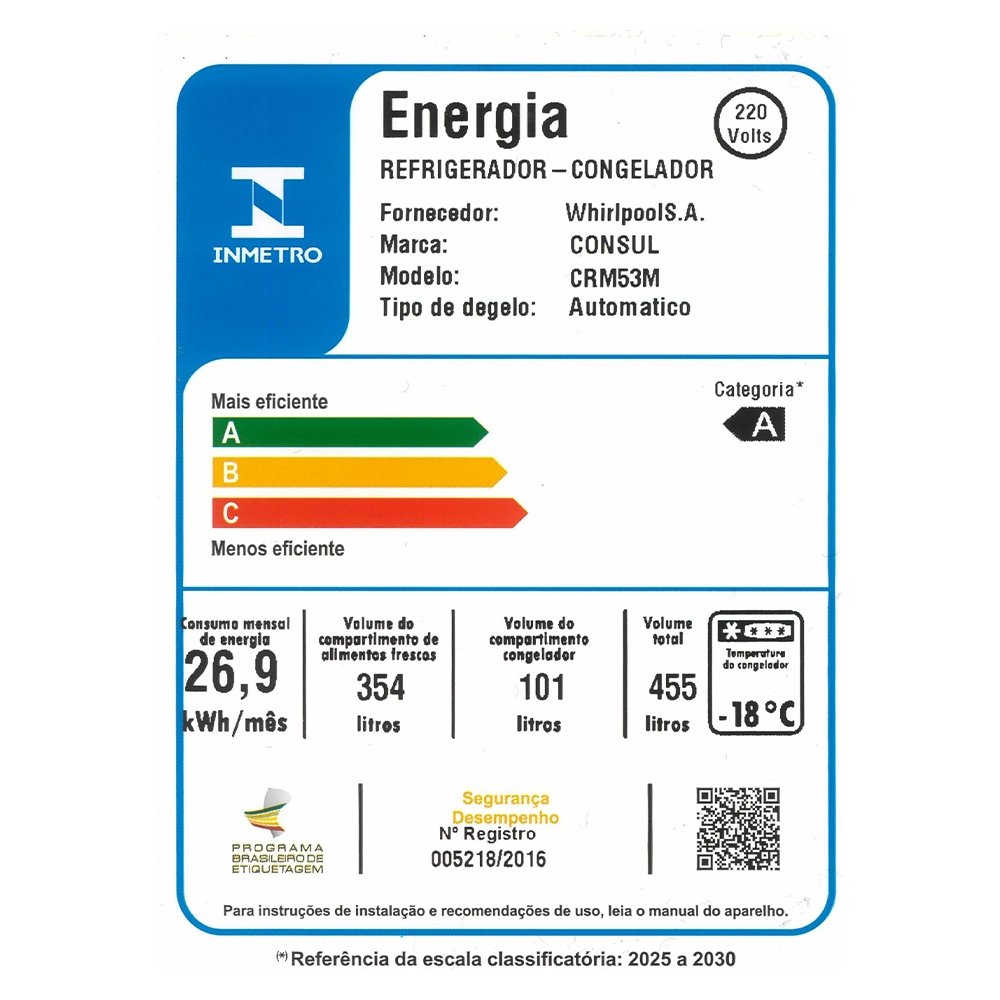 Geladeira/Refrigerador Consul CRM53MKBNA 455 Litros - Frost Free, 2 Portas, Inox, 220V