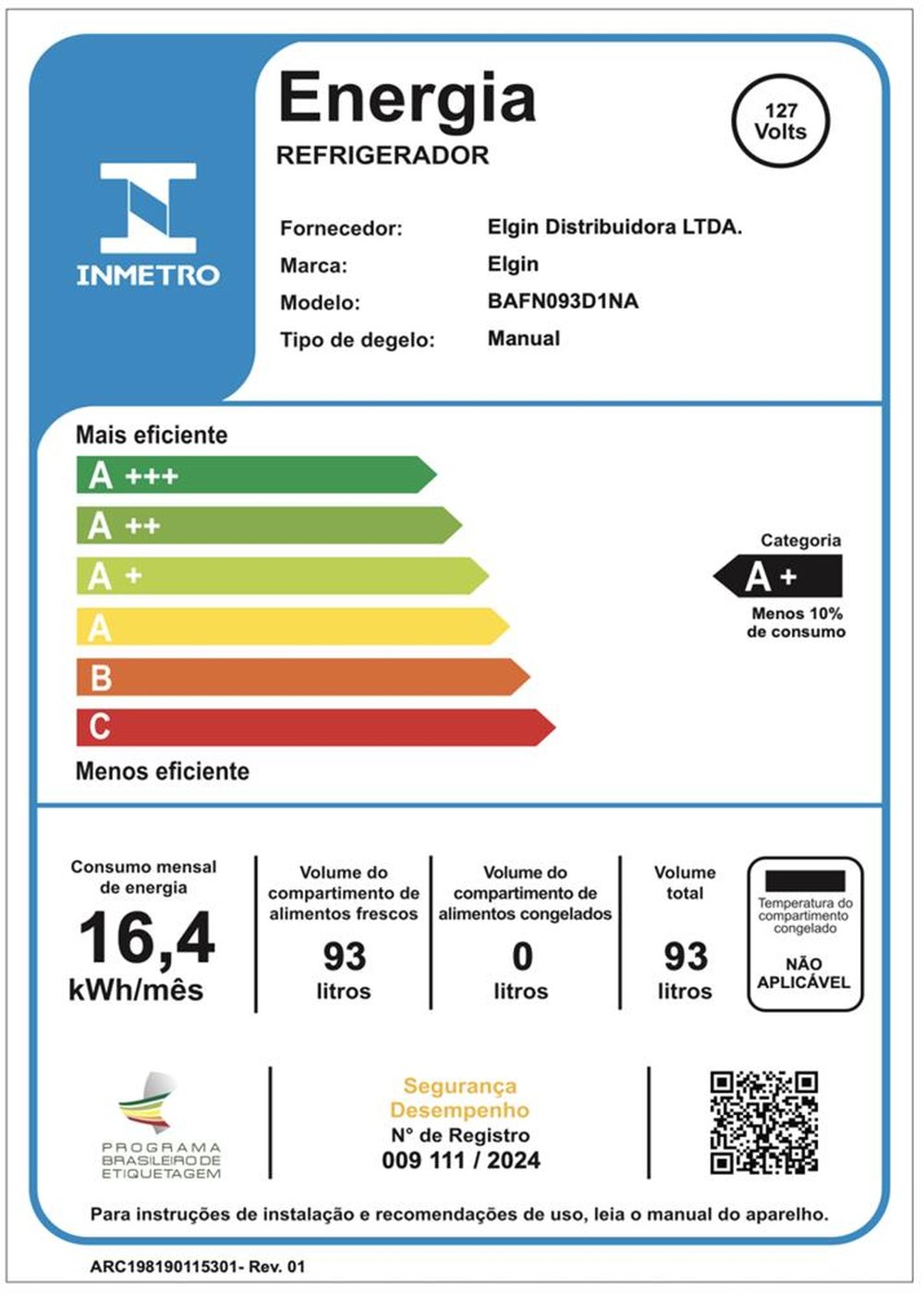 Frigobar Elgin 93 Litros 127V