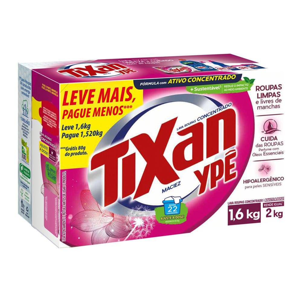 Detergente Lava Roupas Sabao Em Po Tixan Maciez Rosa Promocional Caixa 1,6Kg - Embalagem 9X1,6 Kg