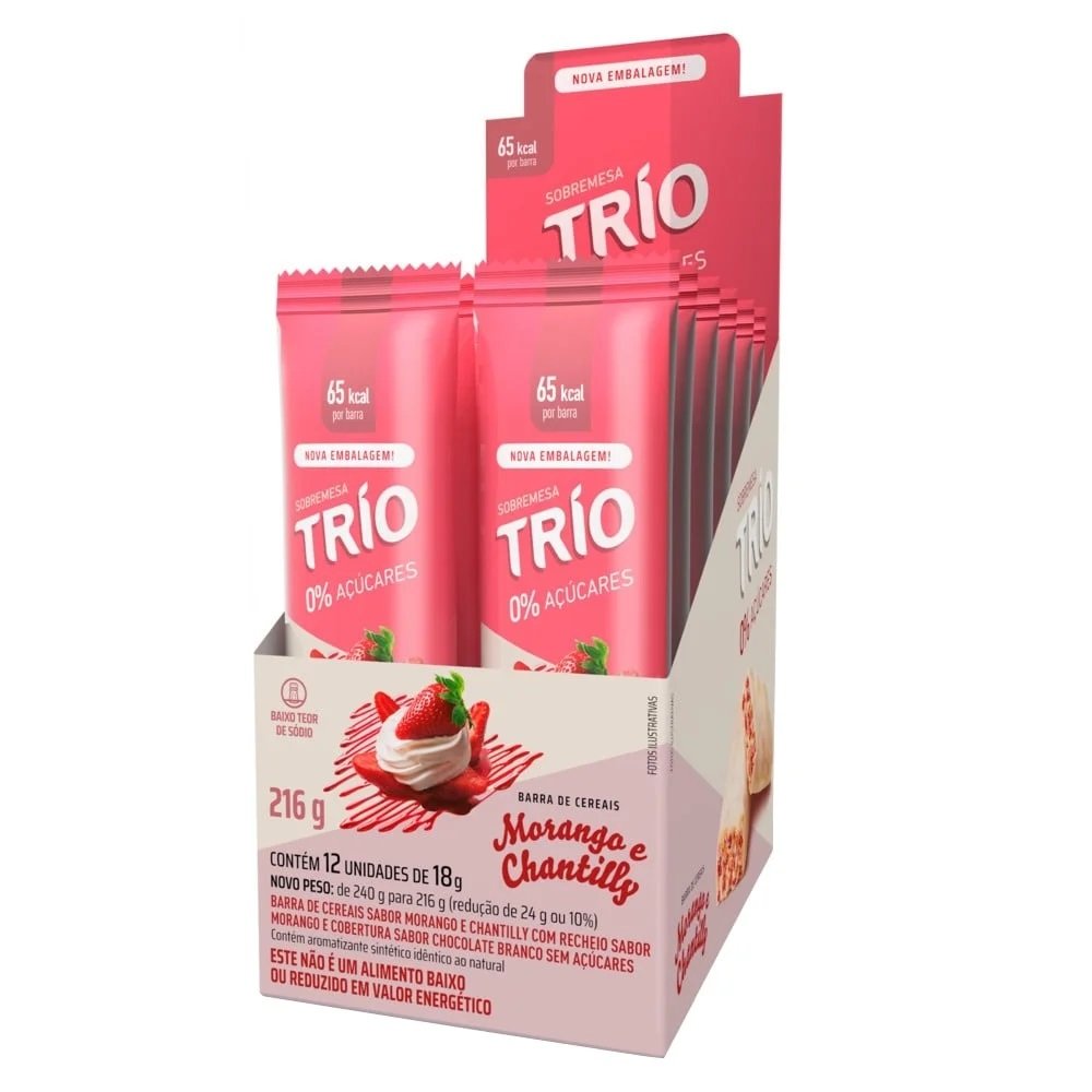 Barra De Cereal Trio Zero Açucar Morango Com Chantilly 18G - Embalagem 12X18 Gr