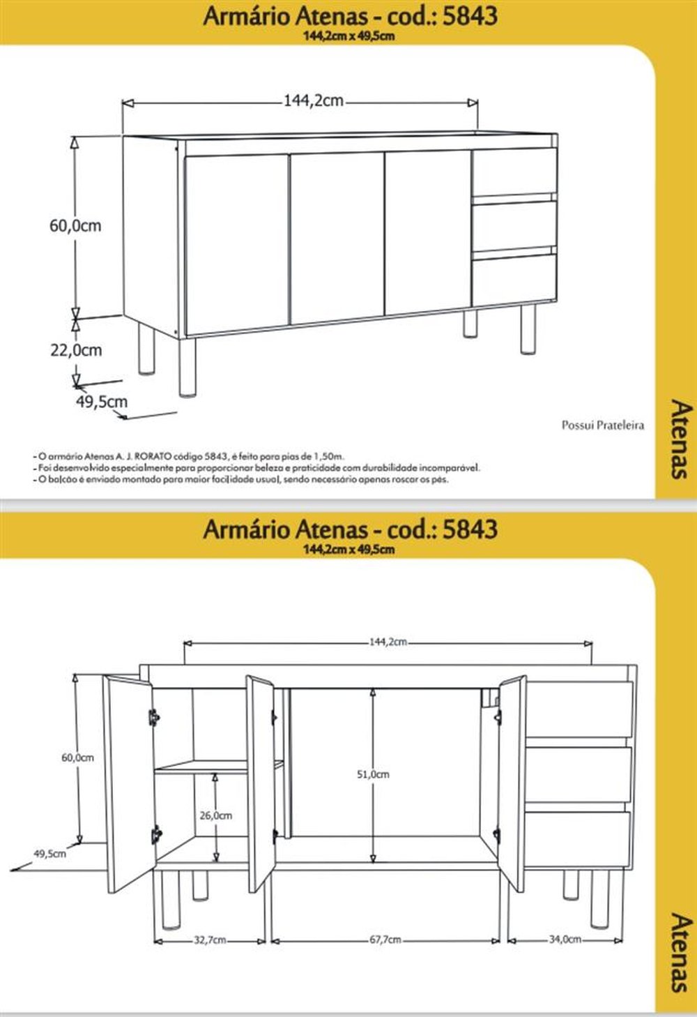Armário Cozinha Atenas Aj Rorato 144,2 Cm Preto