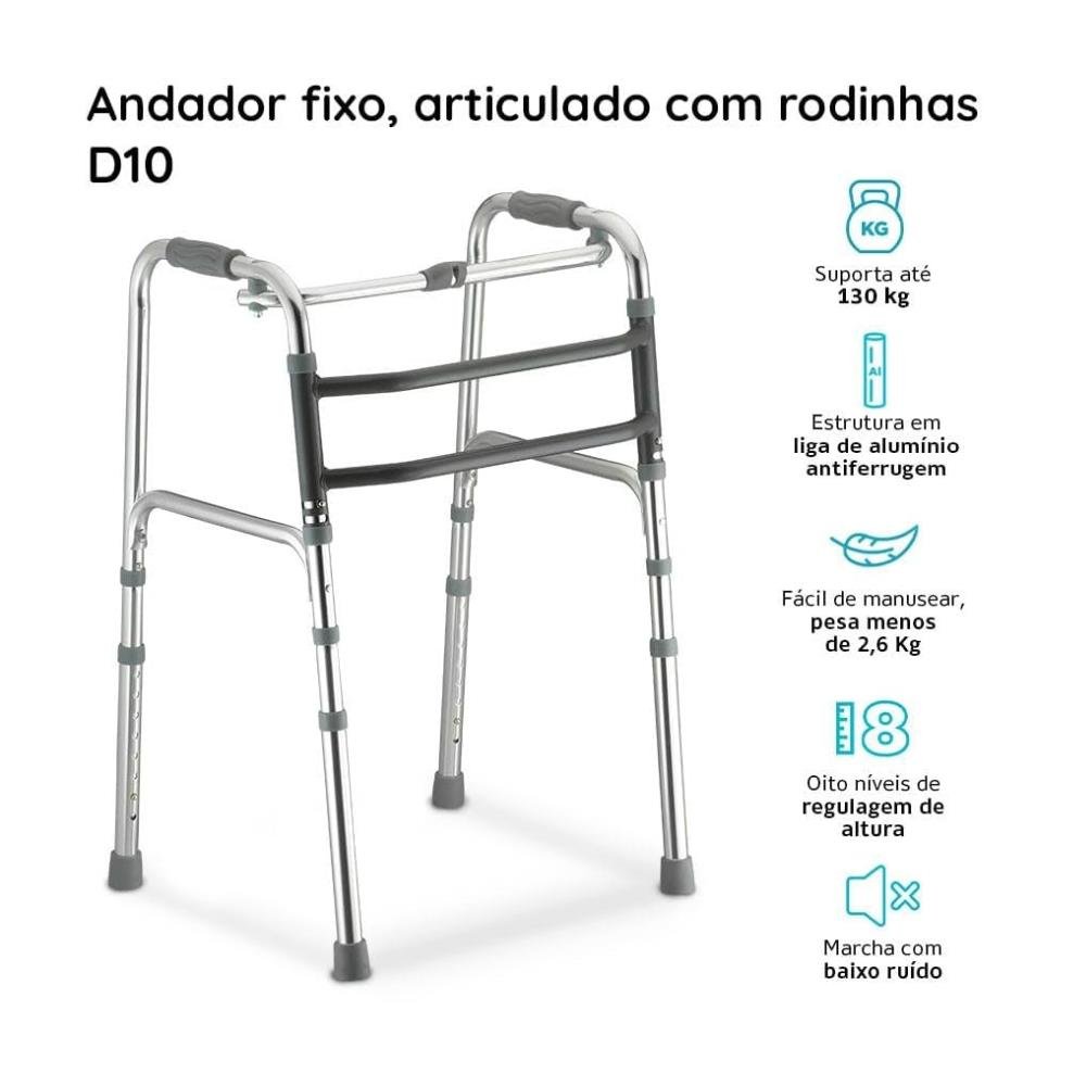 Andador Alumínio Com Barra Fixo Móvel E Dobrável D10 Pop Dellamed
