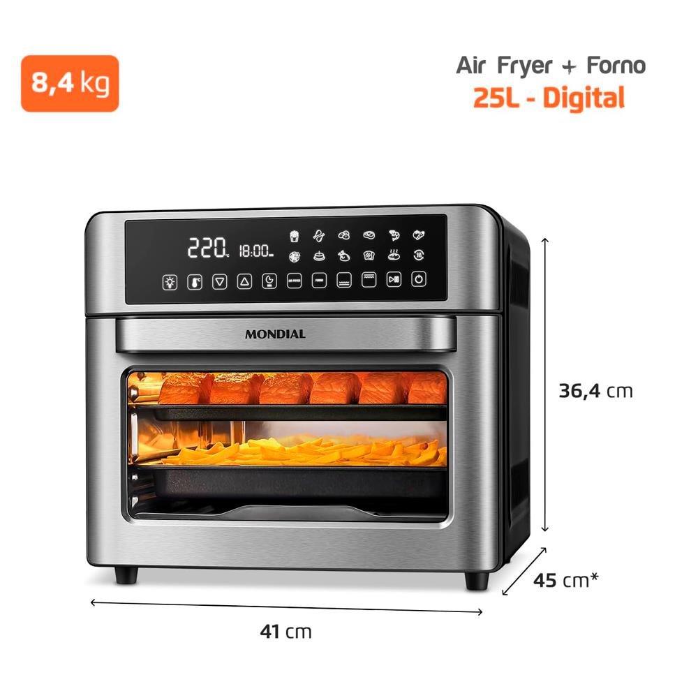 Fritadeira Air Fryer Forno Oven Digital 25L, Mondial, Preto/Inox, 2000W, 110V - Afo-25L-Bi