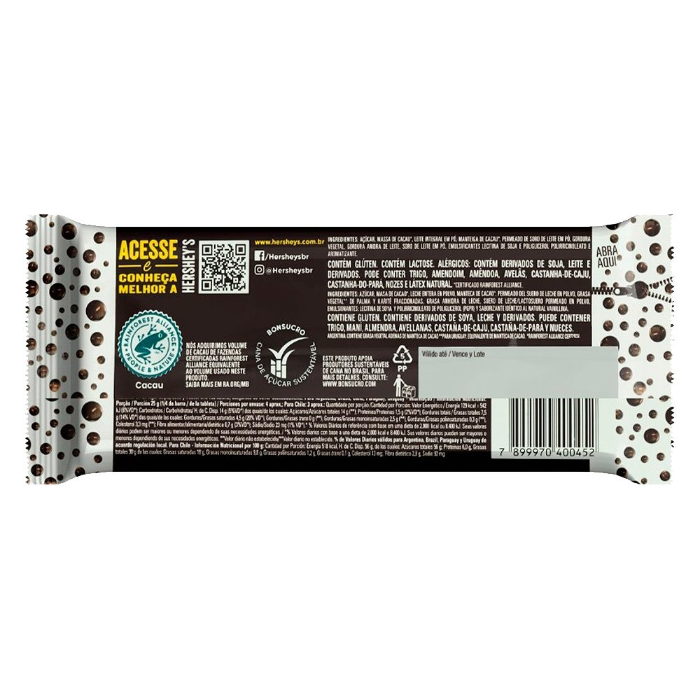 Chocolate Hershey's Ao Leite Aerado 85 g - Embalagem com 16 Unidades