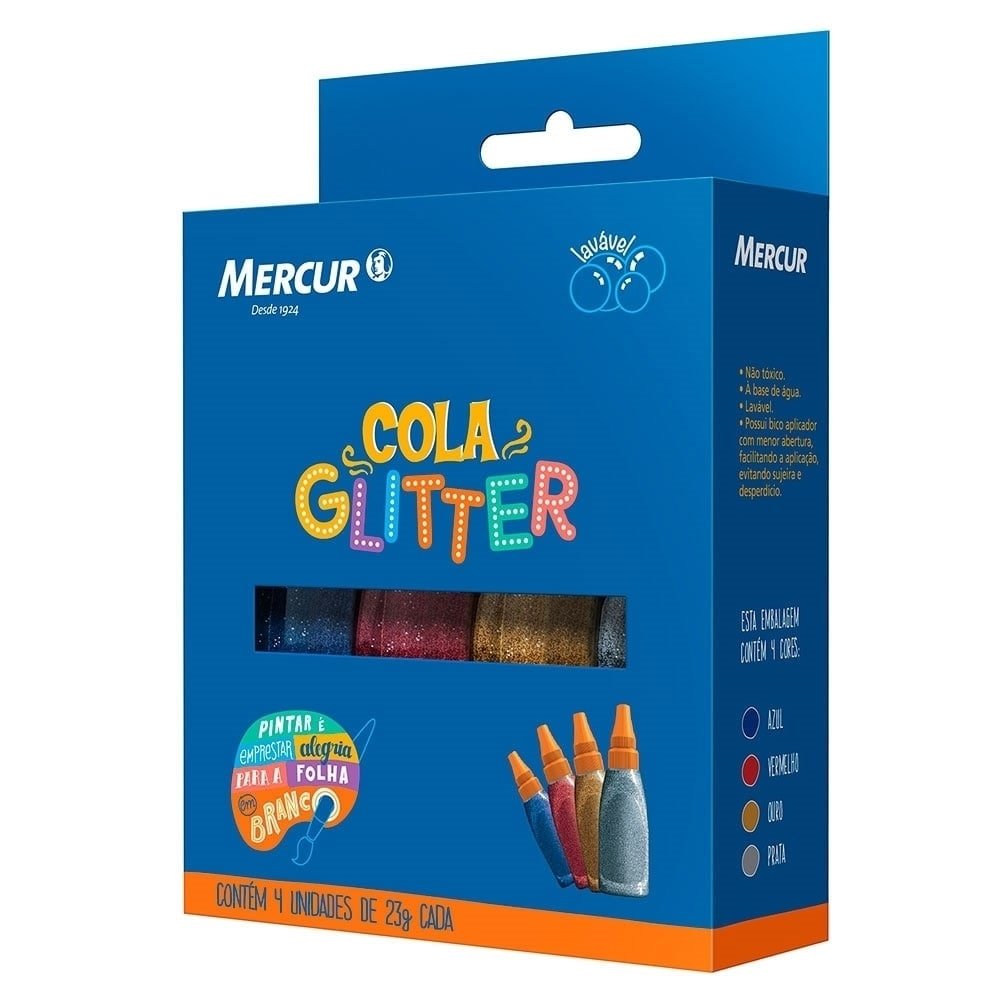 Cola Mercur Glitter 4 Cores, Dourado, Prata, Azul, Vermelha  23g - Embalagem com 4 Unidades