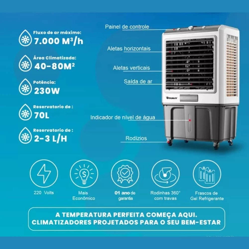 Climatizador De Ar Grande Profissional 70L Portátil Ventila E Umidifica ...
